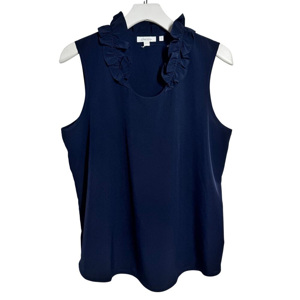 Chico's Ruffle Neck Minimal Quite Luxury Tank Blouse Women 12 Navy Blue Nautical